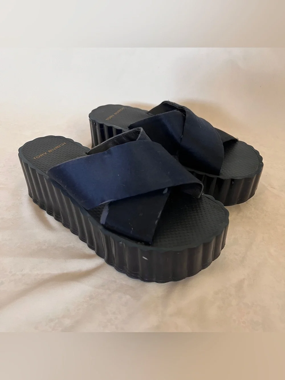 Tory Burch Satin Scalloped Platform Wedge Slide Sandals in Perfect Navy